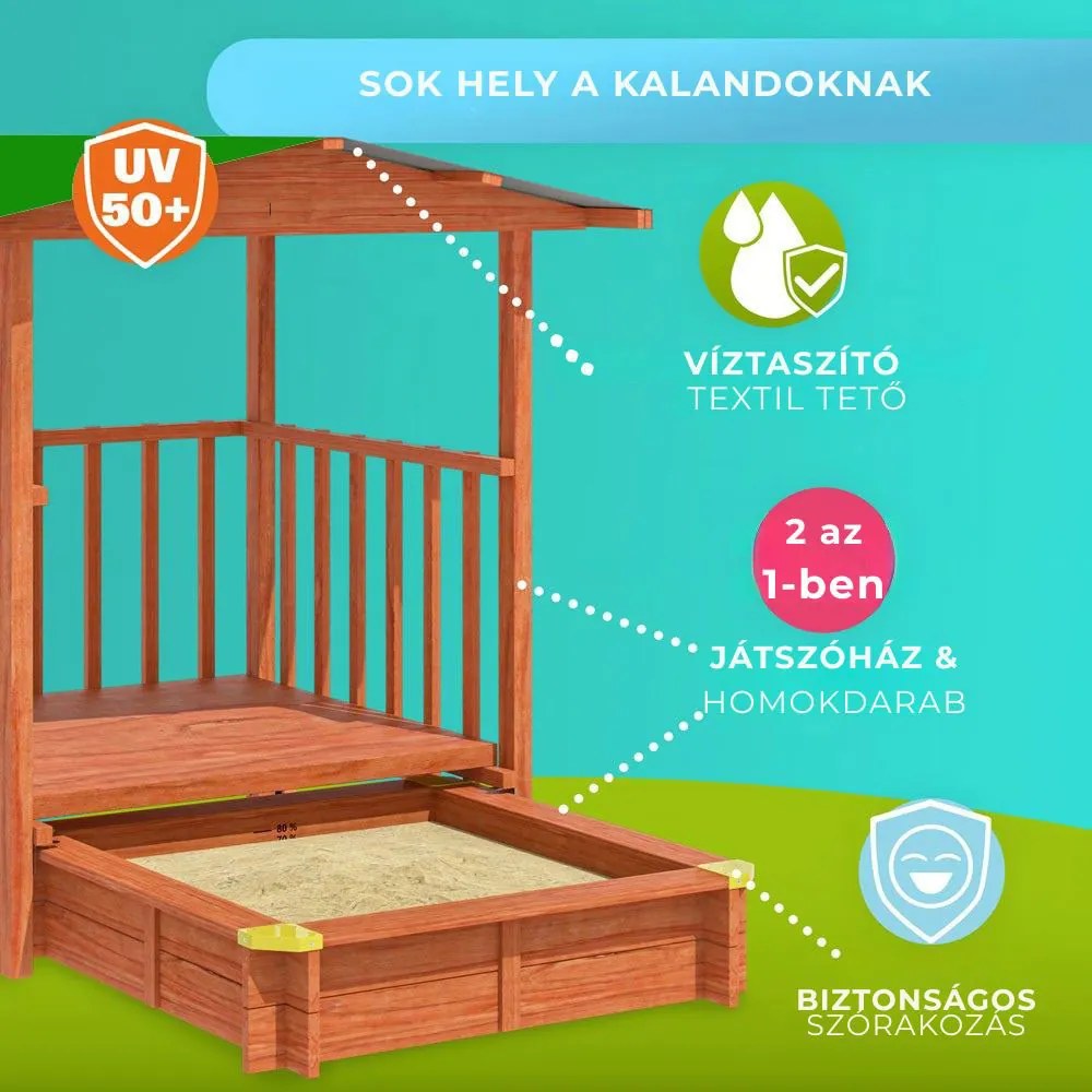 SUNNY verandás homokozó, 130x130x143cm, barna/zöld Jurhan