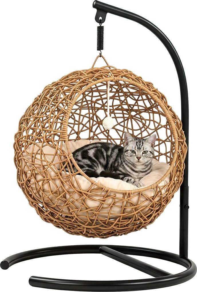 PawHut fonott rattan macskaház — emelt fekhely mosható párnával és játékgolyóval, beltéri búvóhely, 45 x 41 x 75 cm, világosbarna | Aosom