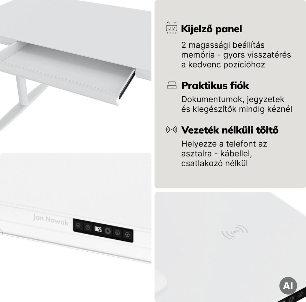 Elektromos ülő-álló íróasztal fiókkal és Qi vezeték nélküli töltővel fehér, 1600 mm: ELLIS