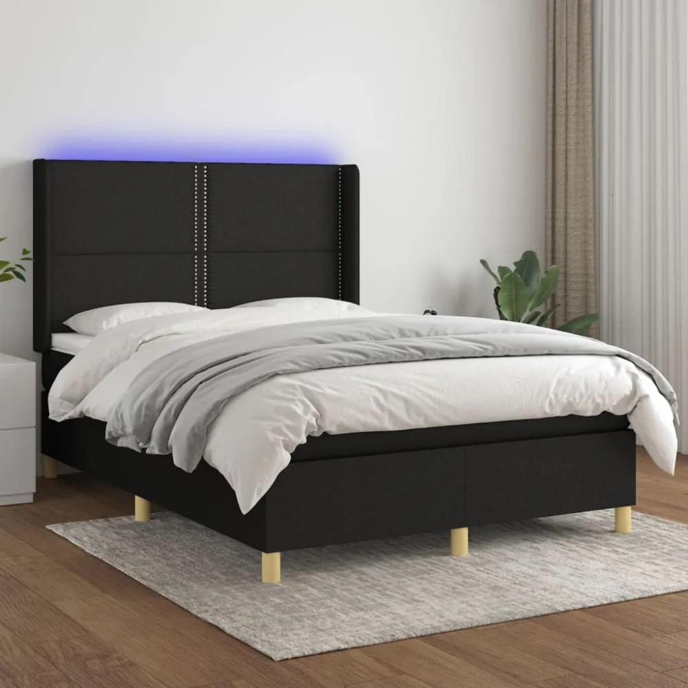 fekete szövet rugós és LED-es ágy matraccal 140x190 cm