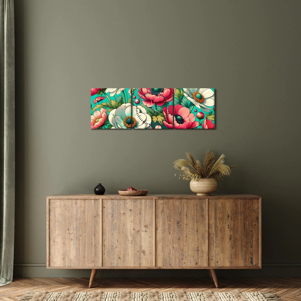 Kép - Virágok kék háttéren (órával) (90x30 cm)