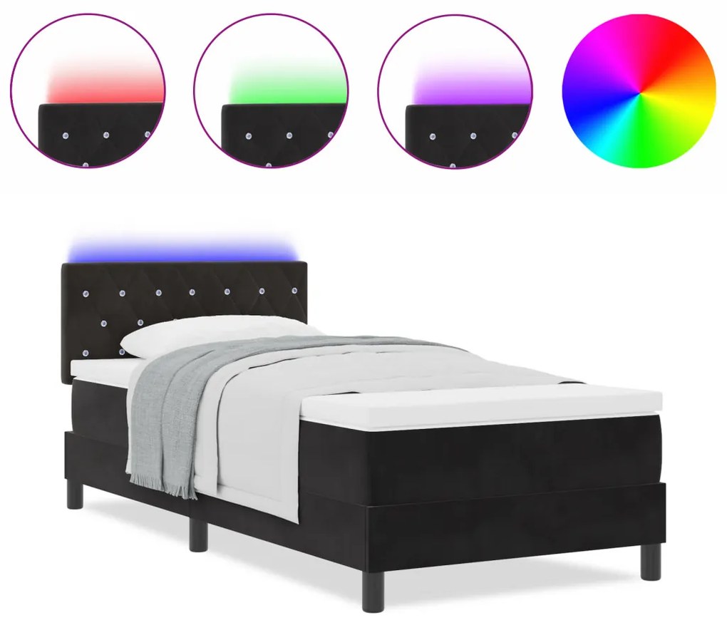 Boxspring Ágy Matrac és LED Fekete 100x200 cm Bársony