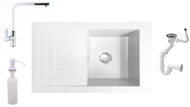 NERO Cortina Gránit mosogató + Kihúzható csaptelep + Adagoló (fehér)