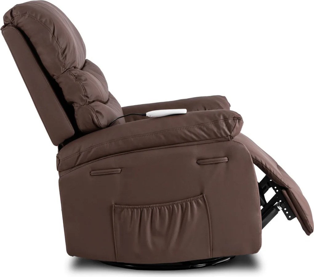 Masszírozós, hintafunkciós dönthető fotel barna színben, műbőr kárpittal BRUCE