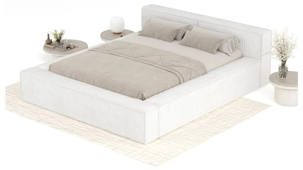 Krémszínű kárpitozott ágyneműtartós franciaágy ágyráccsal 200x200 cm Voliera – Maison de Rêve