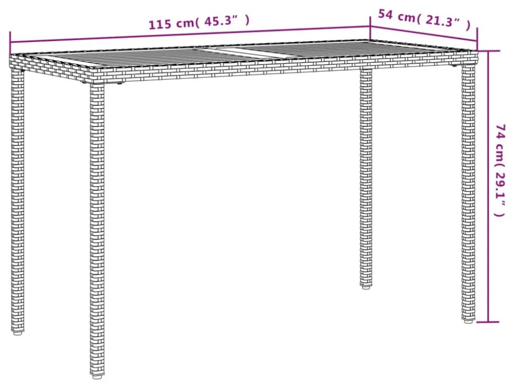 szürke polyrattan akácfa lapos kerti asztal 115x54x74 cm