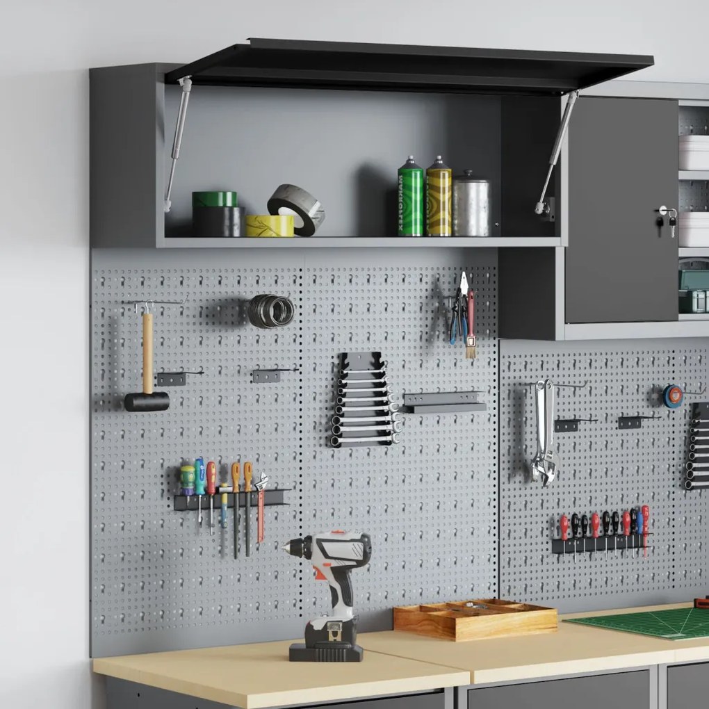 3 db-os Szerszámtároló és Fali Pegboard Szett Fekete Fém