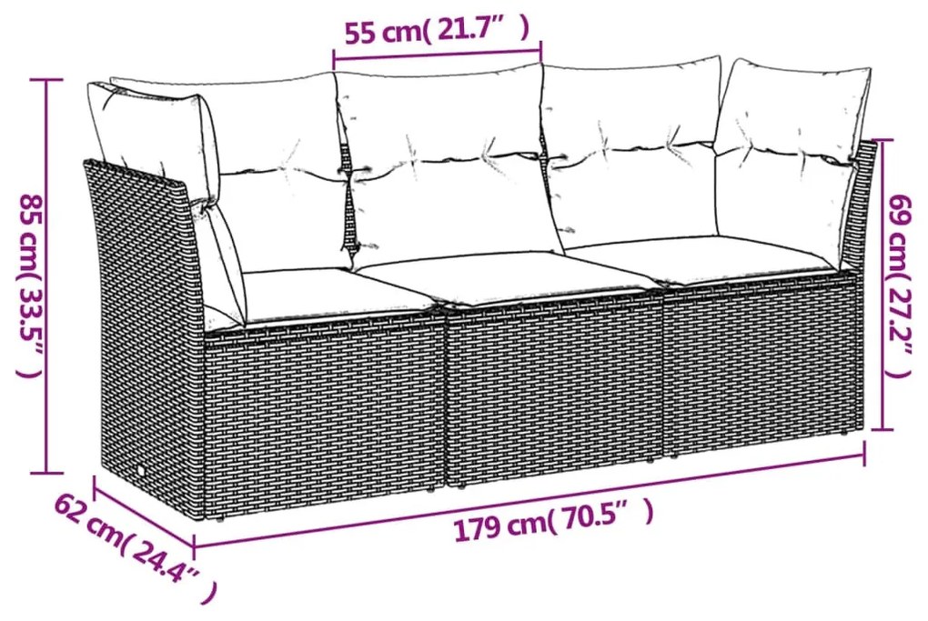 3 részes fekete polyrattan kerti ülőgarnitúra párnával