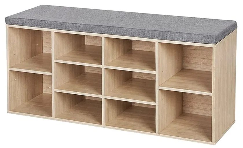 GABI cipősszekrény párnázott ülőkével, 10 rekesz, 104x30x48cm, szürke/világosbarna Jurhan