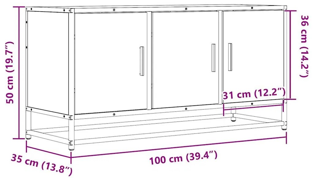 szürke sonoma színű szerelt fa és fém TV-szekrény 100x35x50 cm