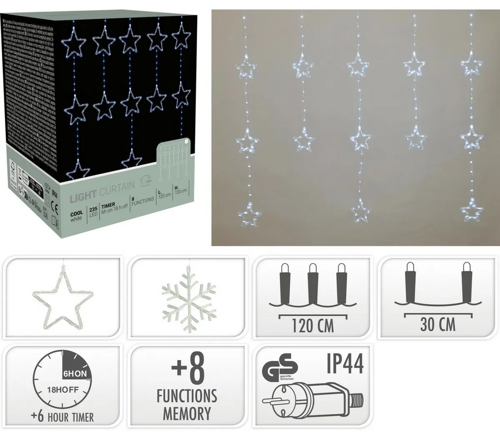 Kültéri fényfüzér Snowflakes, 120x120cm, LED,hideg fehér, időzítő, 8 funkció, elemes, 120 cm