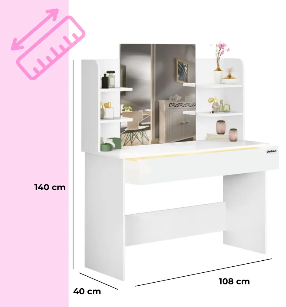 LUCIA fésülködőasztal, 108x40x140cm, fehér Casaria