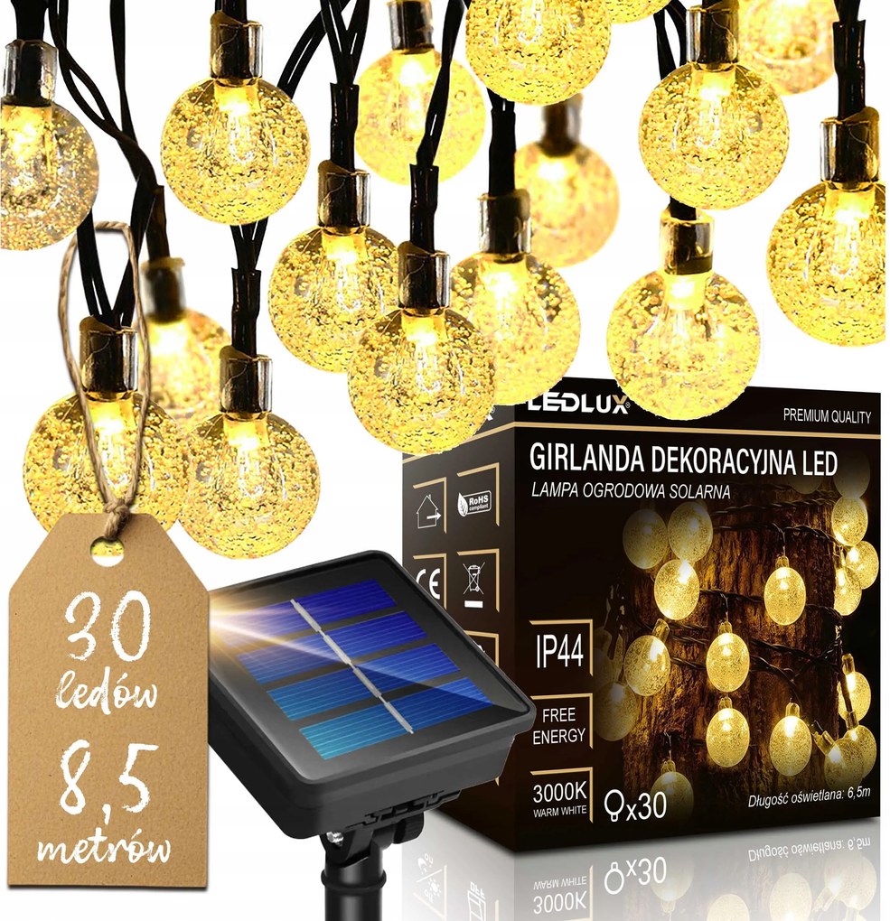 Napelemes kerti girland Napelemes lámpa 30 Led Lánc Lámpák