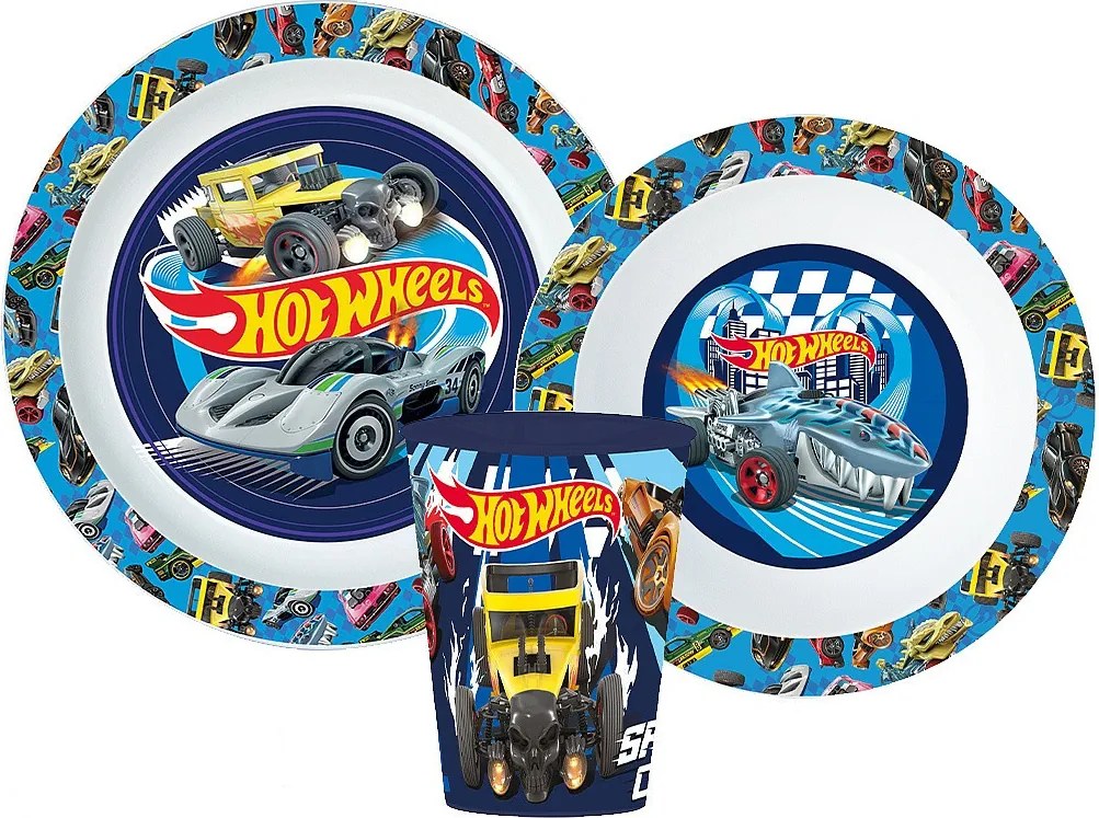 Hot Wheels Blue Fire étkészlet, micro műanyag szett pohárral 260 ml