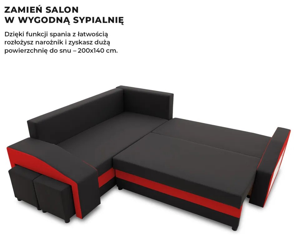 Grande sarokkanapé polcokkal és puffokkal , polc a jobb karfaban puffok a bal karfaban, baloldali, szövet anyag, bonell töltet, fekete - piros