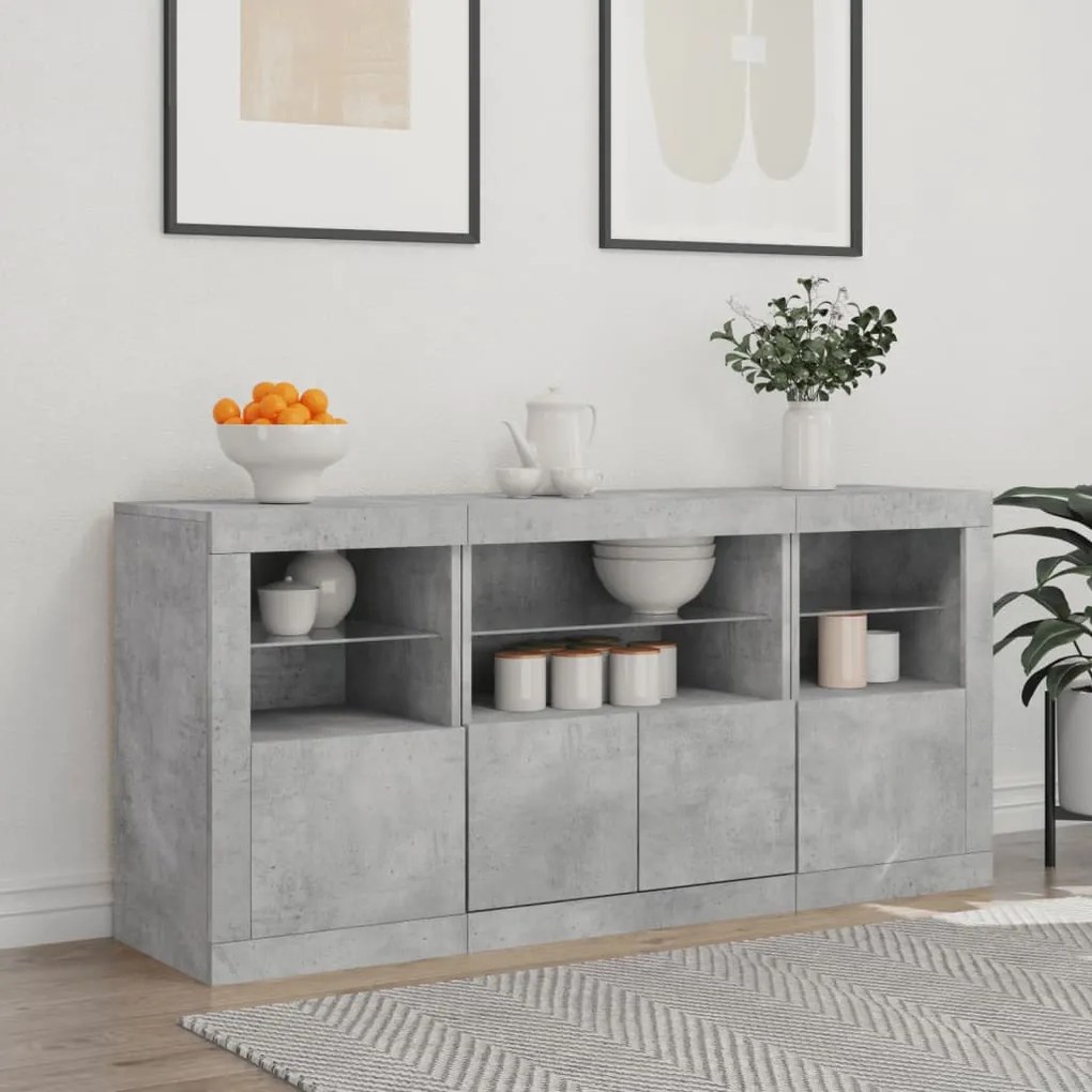 betonszürke tálalószekrény LED-világítással 142,5 x 37 x 67 cm