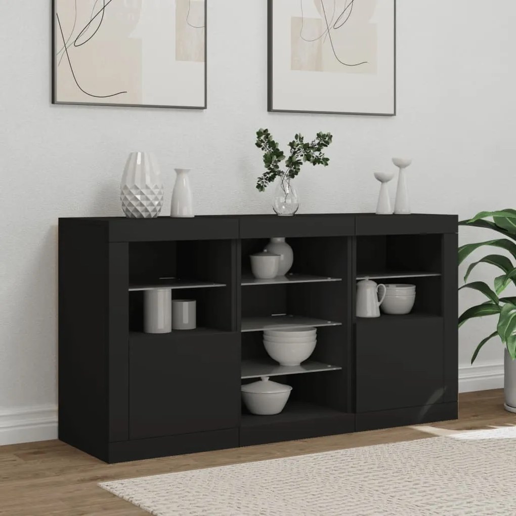 fekete tálalószekrény LED-világítással 123 x 37 x 67 cm