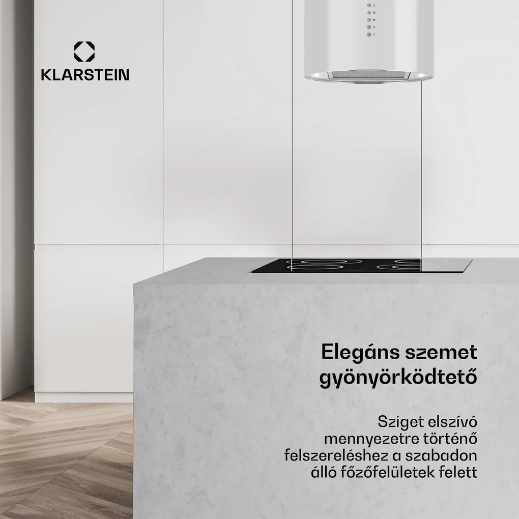 Klarstein Beretta, sziget páraelszívó, Ø 35 cm, légkeringetés, 650 m³/ó, LED, fehér