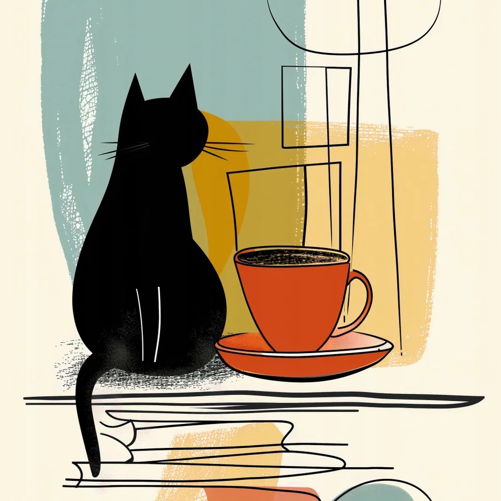 Poszter 50x50cm Macska és kávé