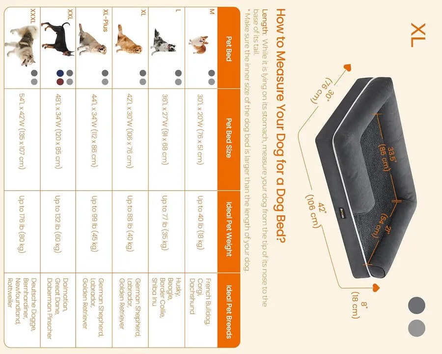 Ortopéd Kutyaágy, Oldalsó Párnás Kutyasofa, 106 x 76 x 18 cm, Csúszásmentes, Sötétszürke