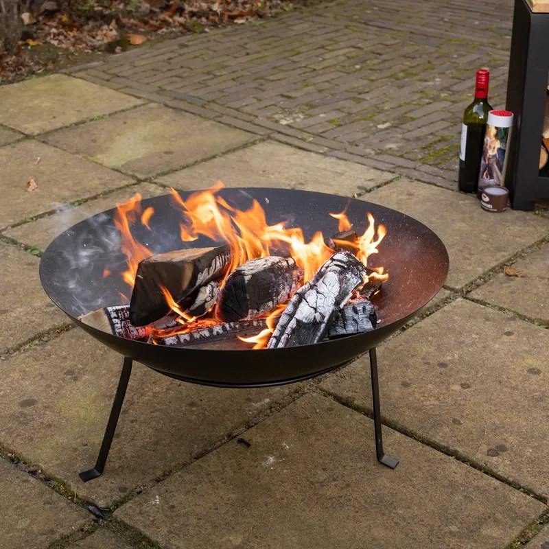 Fém tűzrakó tál állvánnyal, fekete, 59 cm átmérőjű