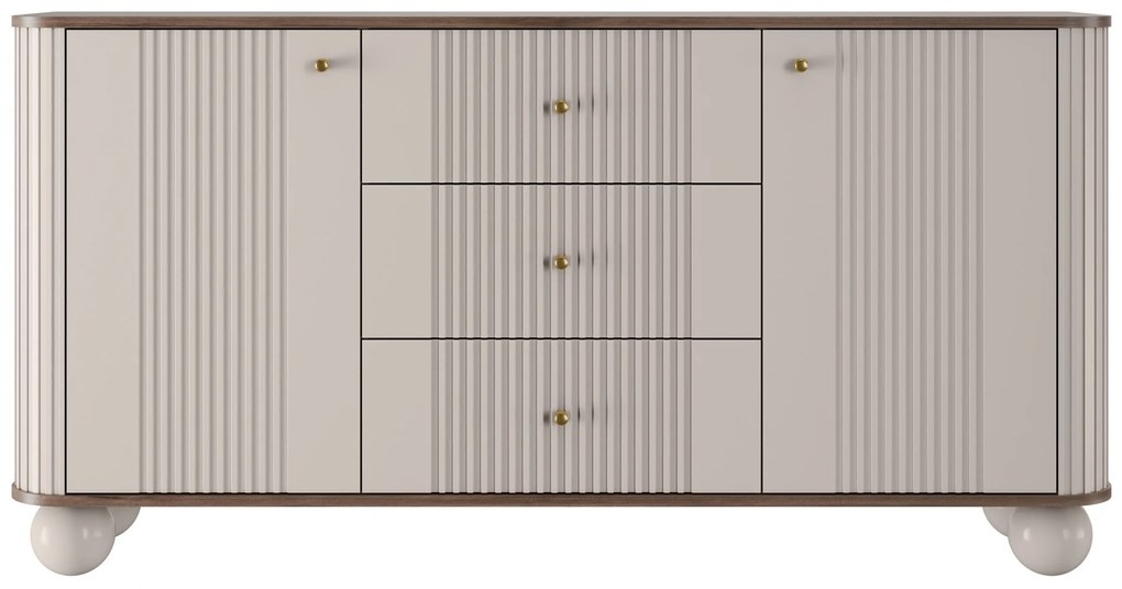 Vesper komód 160 cm fiókokkal gömb lábakon - kasmír / dió / arany fogantyúk