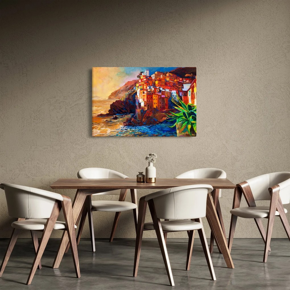 Kép - Falu Cinque Terre partján, az olasz riviérán, modern impresszionizmus (90x60 cm)