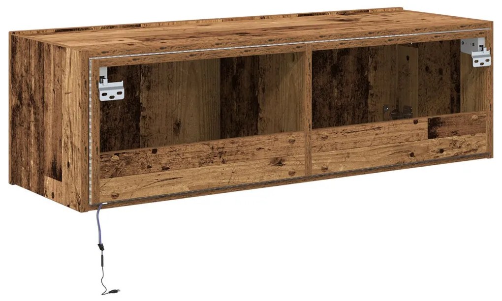TV fali szekrény LED lámpákkal, régi fa 100x35x31 cm