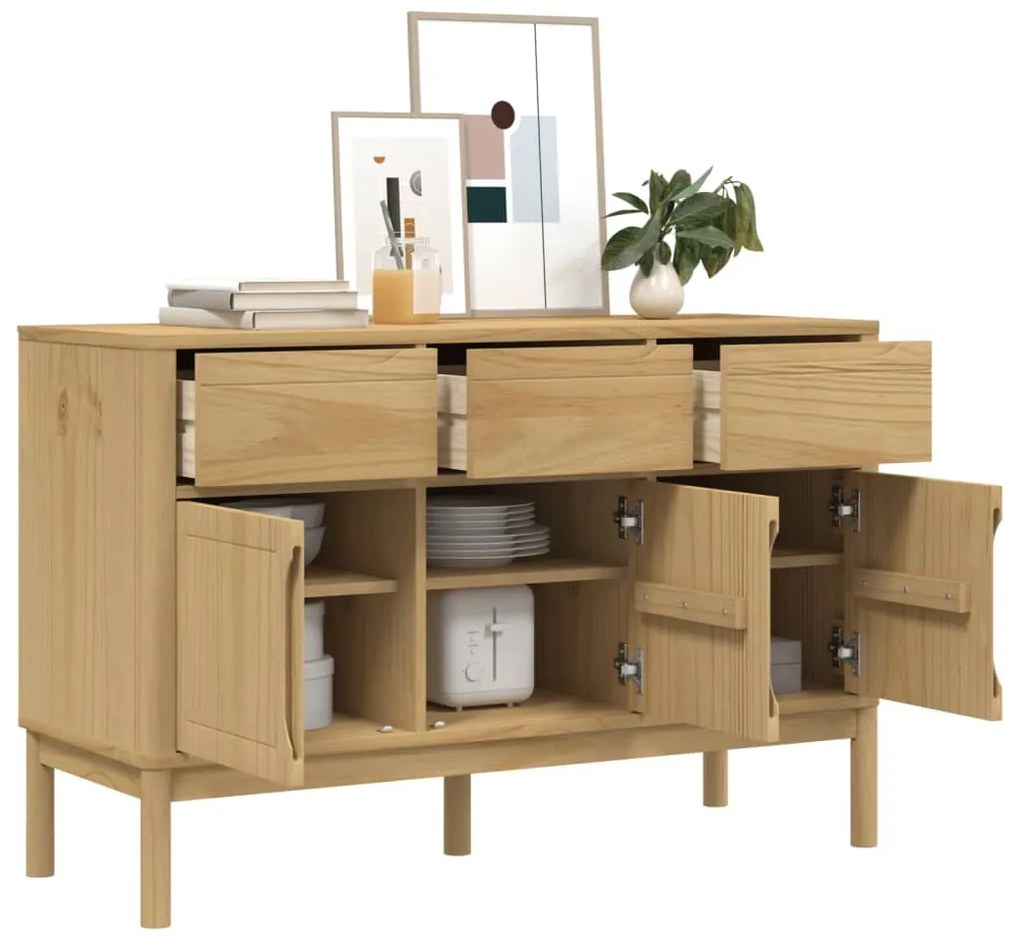 FLORO viaszbarna tömör fenyőfa tálalószekrény 114 x 43 x 74 cm