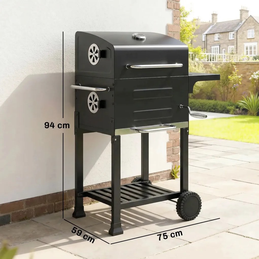 Outsunny kompakt faszenes grillkocsi fedővel, hőmérővel, grillráccsal, hamutartóval és szellőzőnyílásokkal