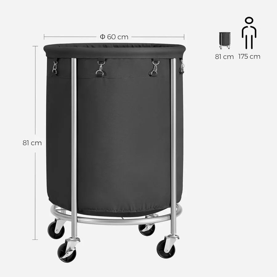 XXL Szennyeskosár kerekekkel, nagy szennyestartó 170 liter, fekete