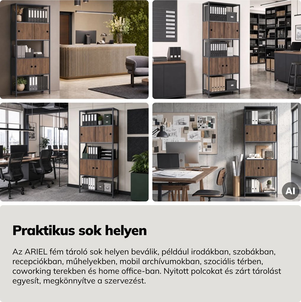 Iratrendező polc zárható szekrénnyel, irodai, nyitott polcok, fém antracit/dió, 800x2200x400 mm: ARIEL Eco Design