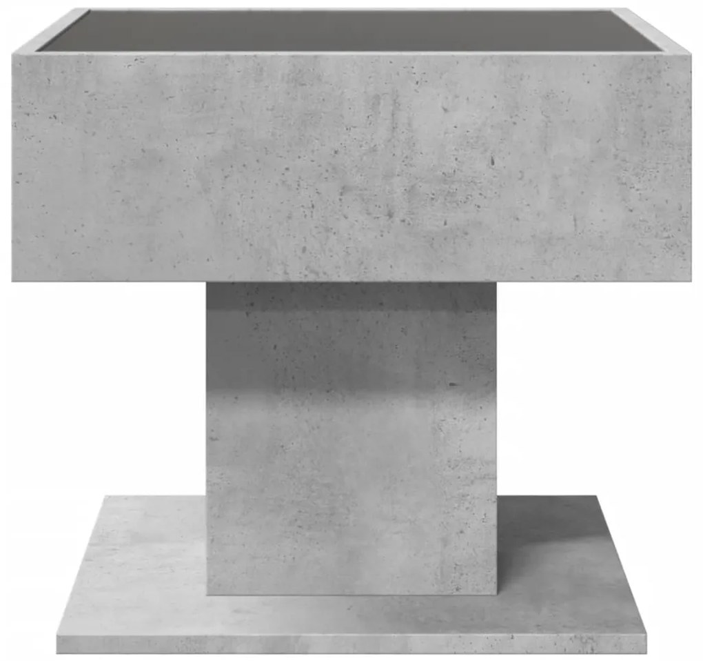 betonszürke szerelt fa dohányzóasztal LED-del 50 x 50 x 45 cm