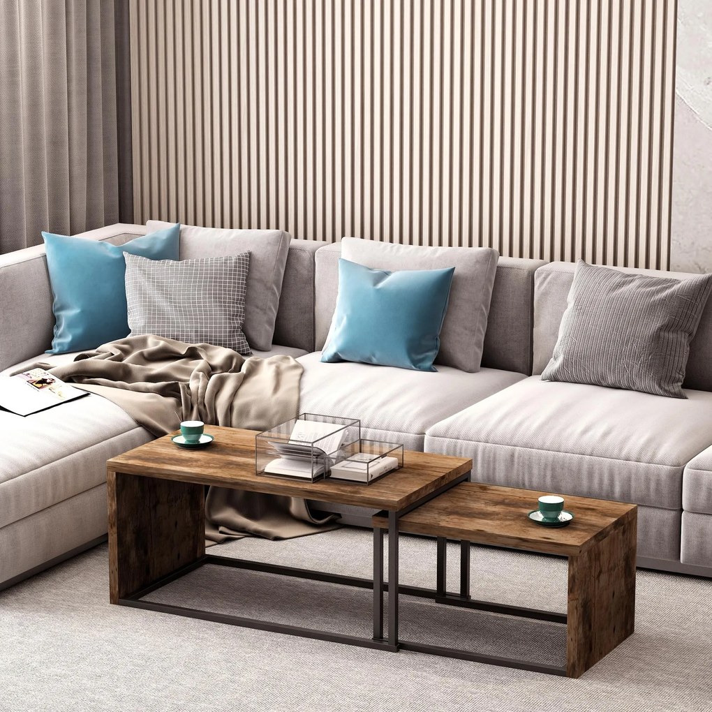 HOMCOM 2 db-os Kávézóasztal Fém Lábakkal Ipari Stílusban 90x48x42 cm és 59x42x36 cm Rusztikus Barna | Aosom