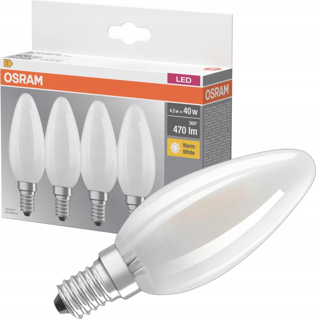 4x Led izzó B35 Gyertya E14 4W 40W 470lm 2700K Meleg 300° Base Osram