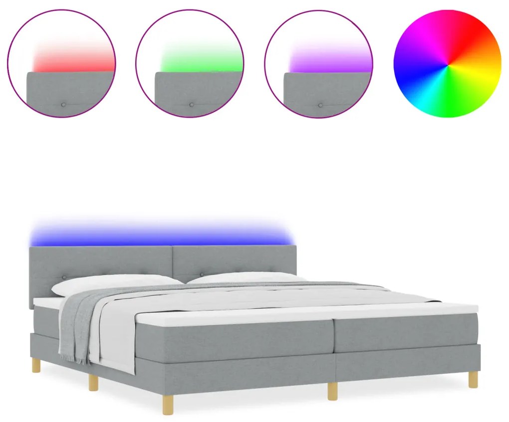 Boxspring Ágy Matrac & LED Fény Világosszürke 200x200 cm Textil
