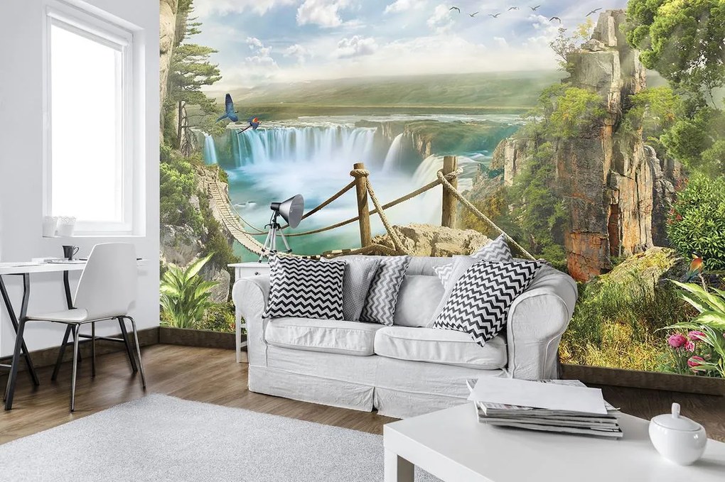 Fotótapéta - Kötél híd egy vízesés felett (152,5x104 cm)