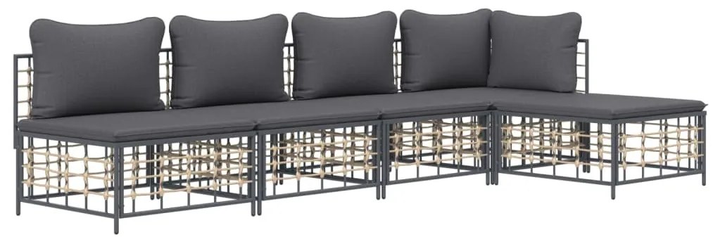5 részes antracitszürke polyrattan kerti ülőgarnitúra párnákkal