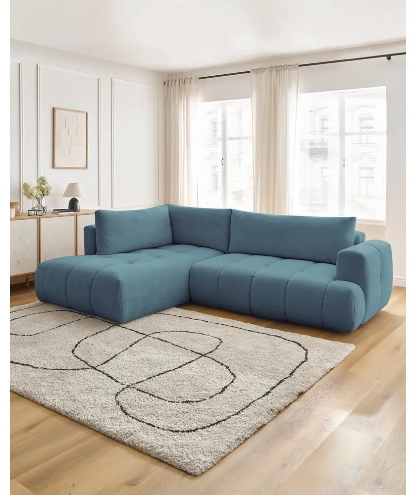 Kék kinyitható-tárolóhelyes sarokkanapé (bal oldali-L alakú) Fuji – Bobochic Paris