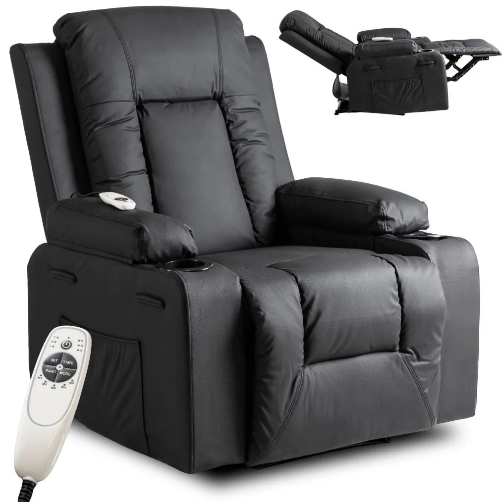 Elektromosan Vezérelhető Masszázsfunkciós Relaxfotel Fekete Eco-bőr Kárpittal. BOX