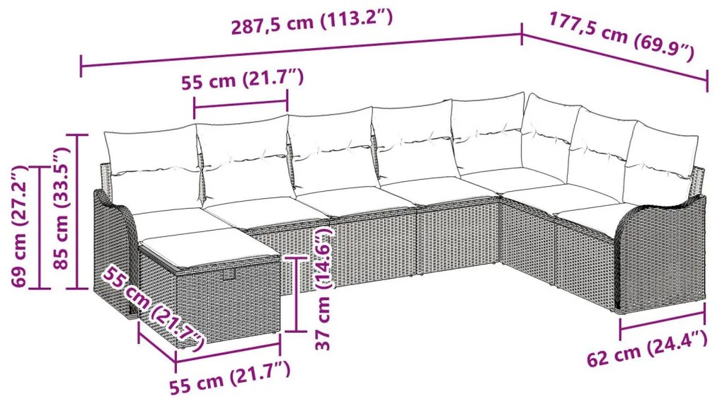 8 Darabos Kerti Kanapé Készlet Párnákkal Bézs Poly Rattan, 2 Személyes Kerti Kanapé Párnákkal Bézs Poly Rattan