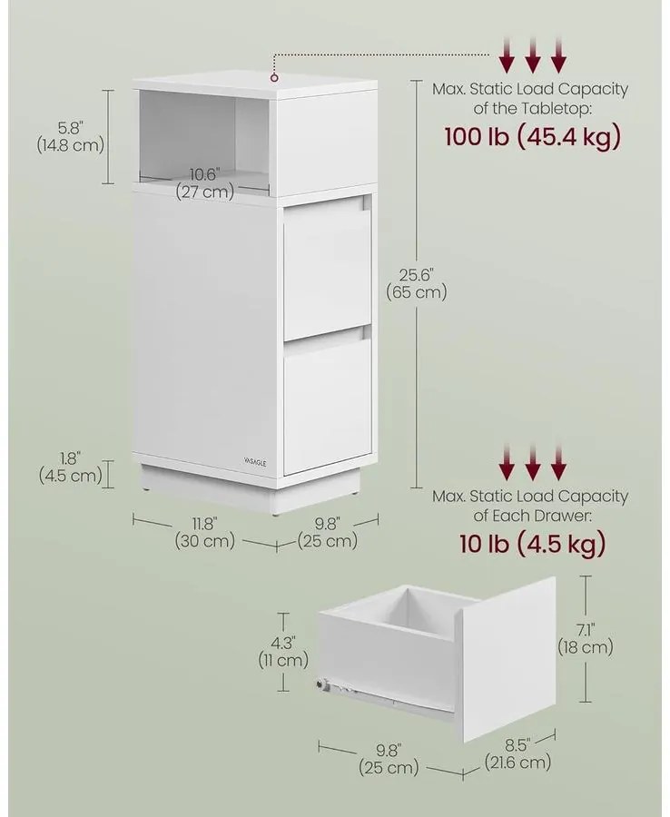 Éjjeliszekrény 2 fiókkal, nyitott rekesszel balra vagy jobbra szerelhető, felhő fehér