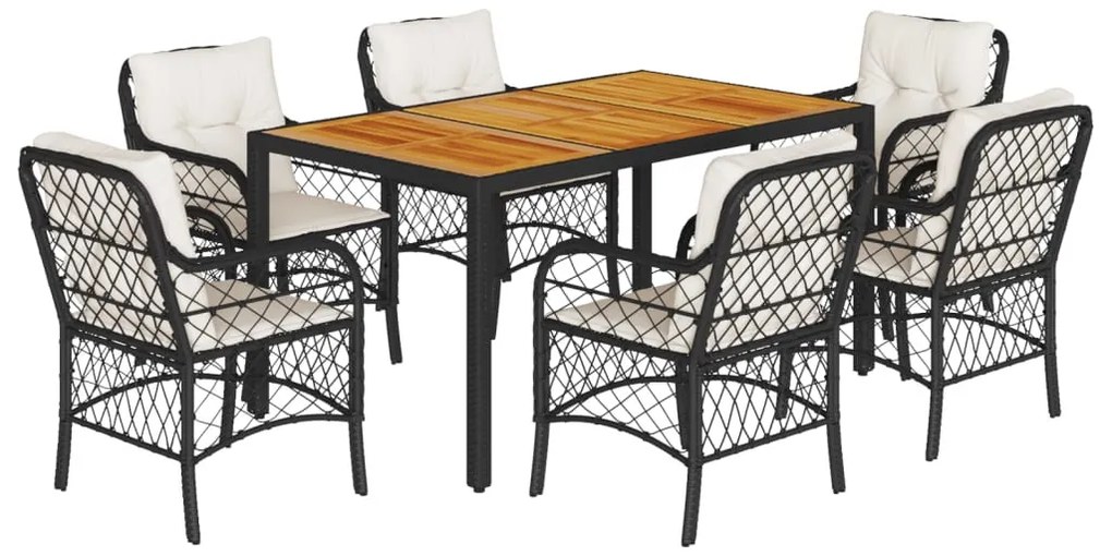 7 részes fekete polyrattan kerti étkezőgarnitúra párnával