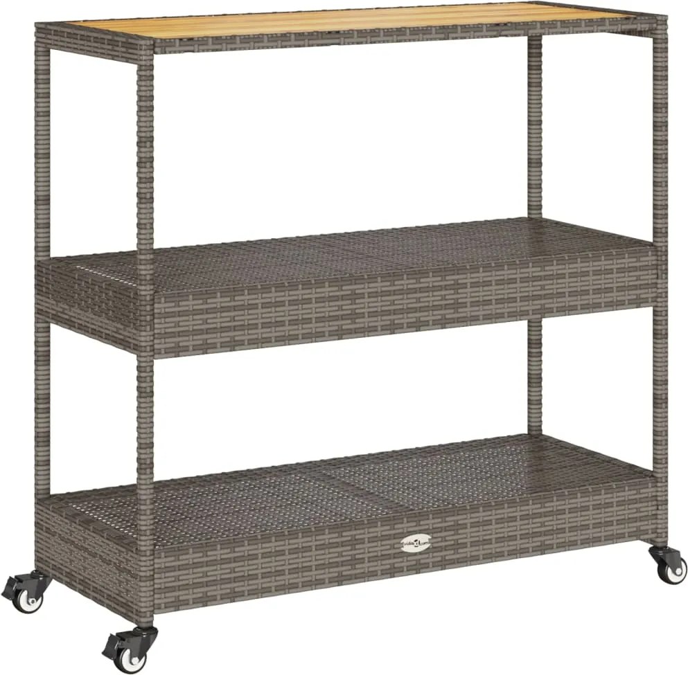 vidaXL 3 szintes szürke polyrattan és tömör akácfa zsúrkocsi
