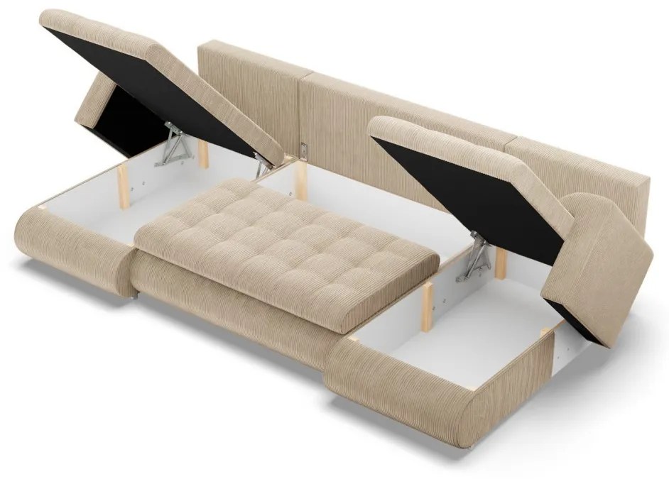 Tokio U alakú sarokkanapé, 3 ágyneműtartóval, kordbársony, univerzális oldal, bézs