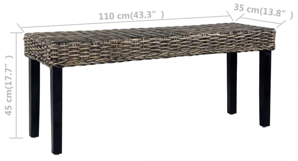 fekete természetes kubu rattan és tömör mahagóni fa pad 110 cm
