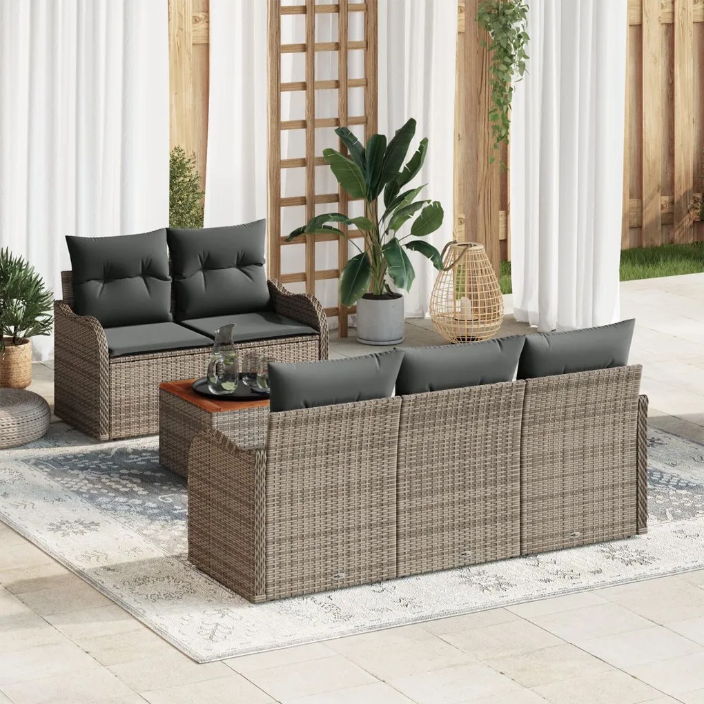 6 részes kerti kanapé szett párnákkal, szürke, poli rattan, akác, 2 személyes kerti kanapé tárolóval és párnákkal, szürke, poli rattan