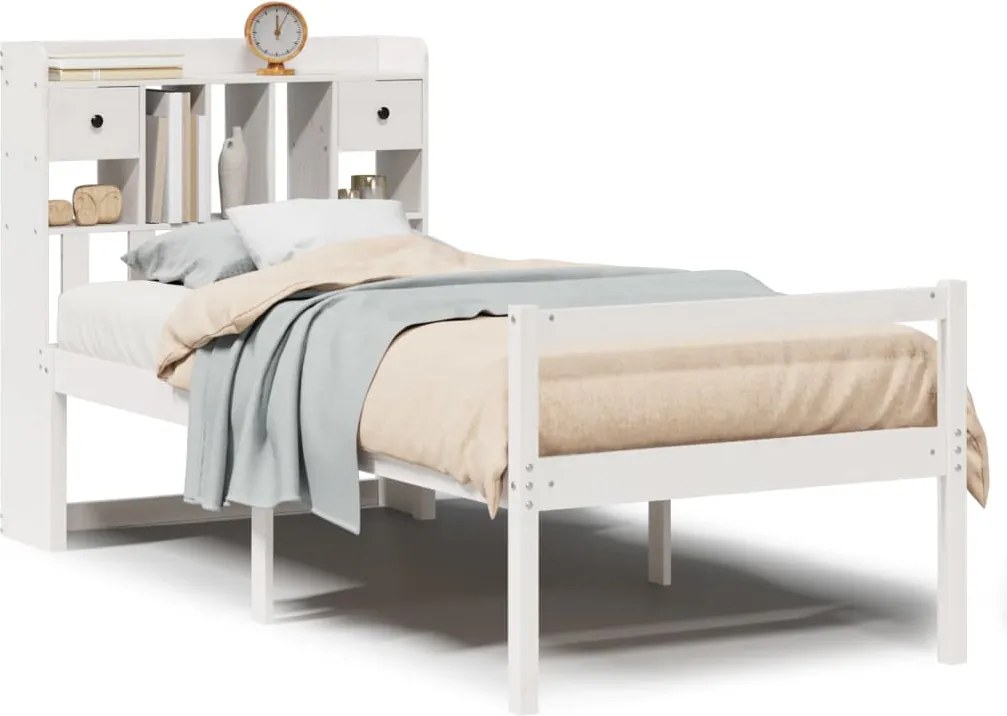 vidaXL fehér tömör fenyőfa könyvespolcos ágy matrac nélkül 90 x 190 cm