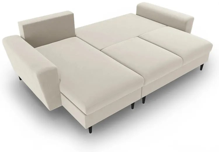 Bézs bársony kinyitható tárolóhelyes sarokkanapé Kyoto – Cosmopolitan Design