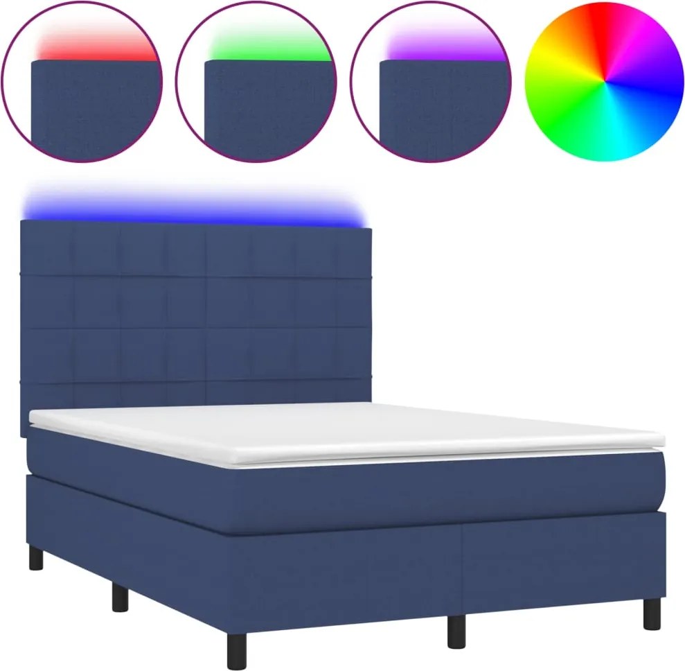 vidaXL kék szövet rugós és LED-es ágy matraccal 140x190 cm